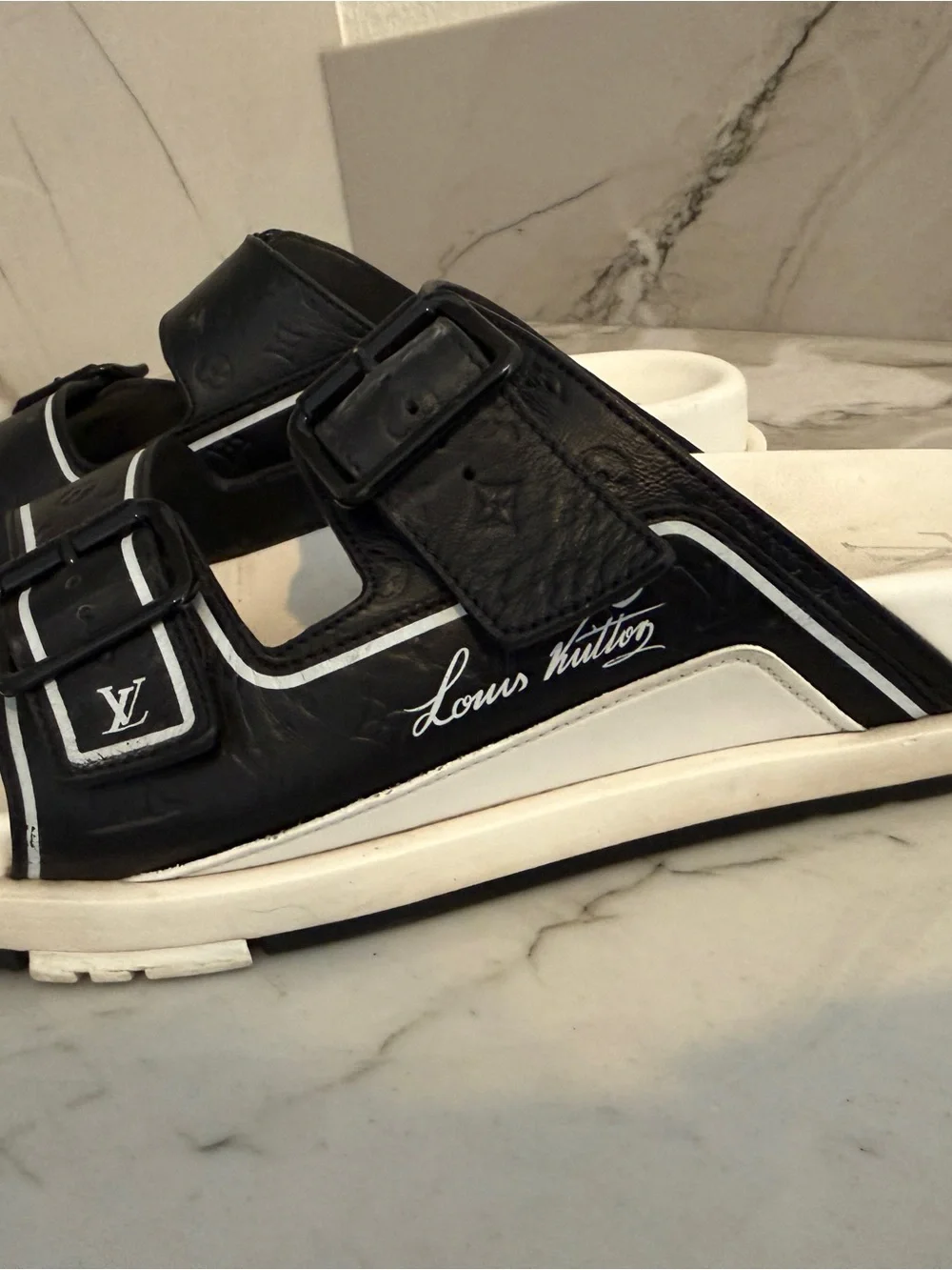 Louis Vuitton Black and White Kids Double-Buckle Slide Sandals
